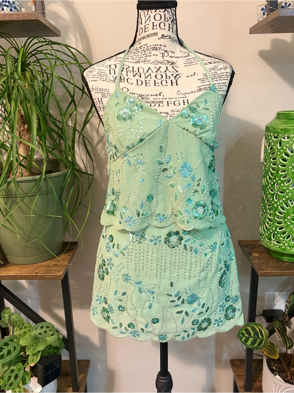 Sequin Embellished Mint Green Halter Mini Dress